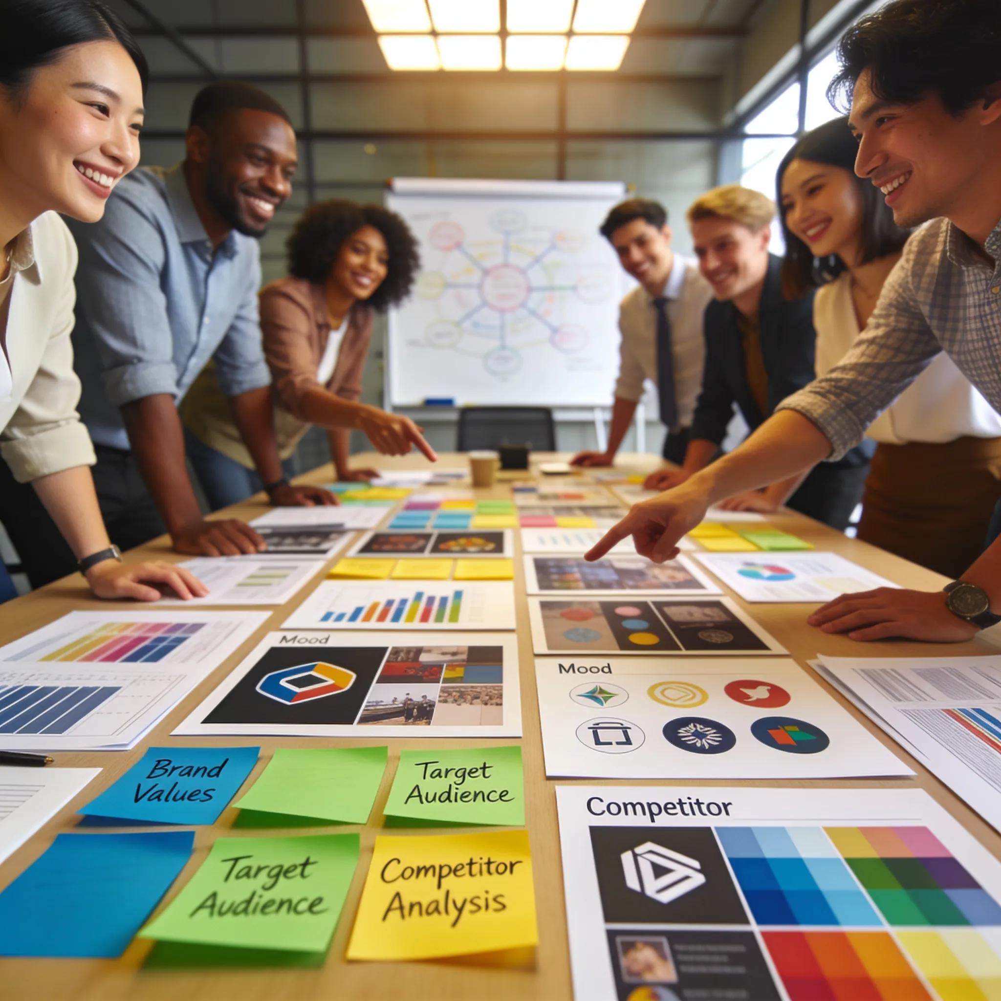 Collaborative team discussion on brand strategy, highlighting teamwork and engagement in a creative workspace