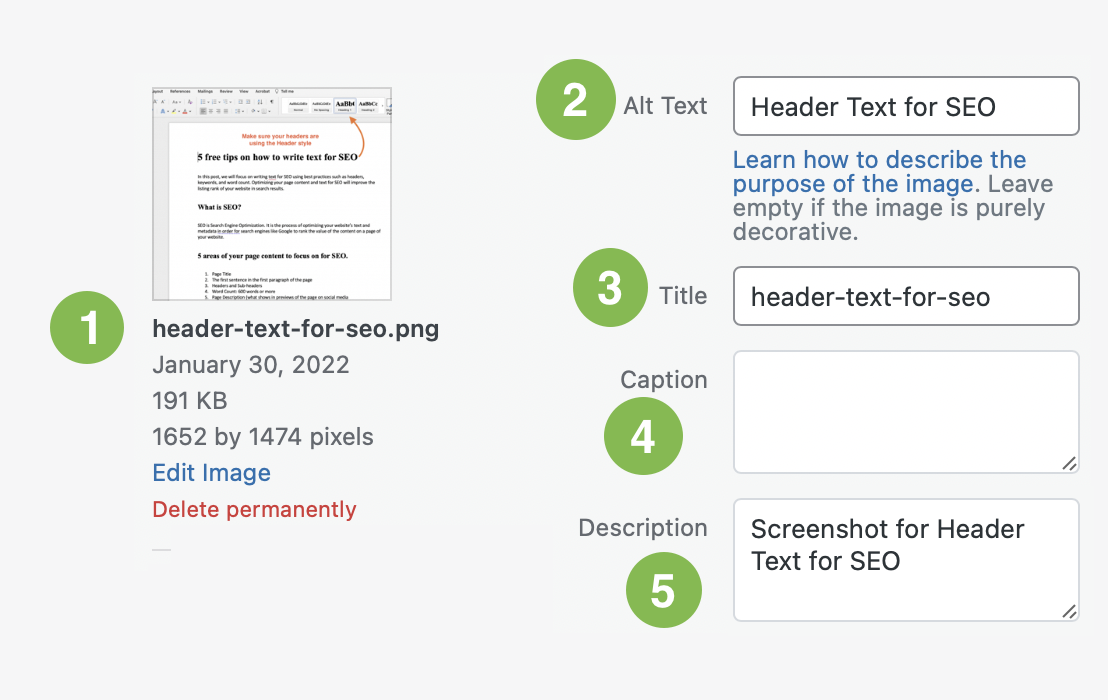 Image illustrating alt text, header text, and SEO description elements.
