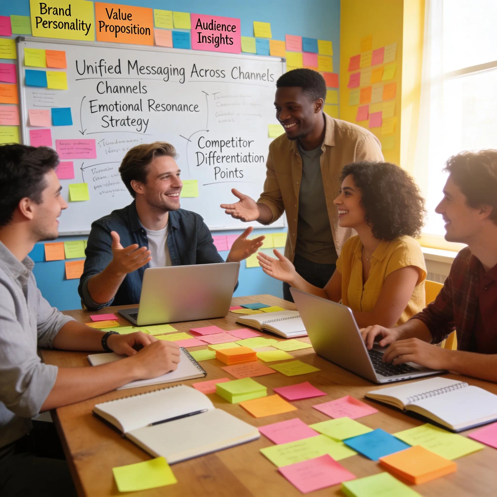 Team brainstorming session on brand messaging, focusing on creativity and collaboration in messaging development
