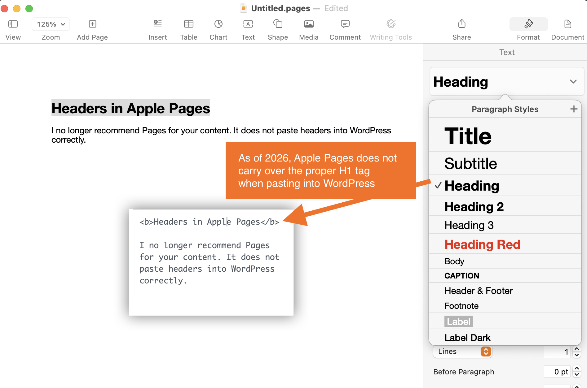 Apple Pages interface showing header styling options and limitations with WordPress.