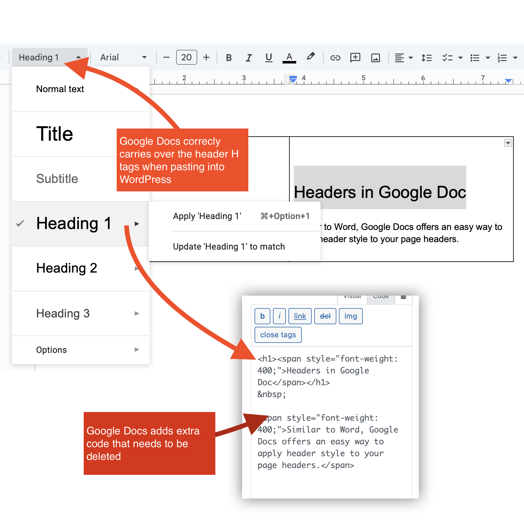 Google Docs header styling options and WordPress header tags.