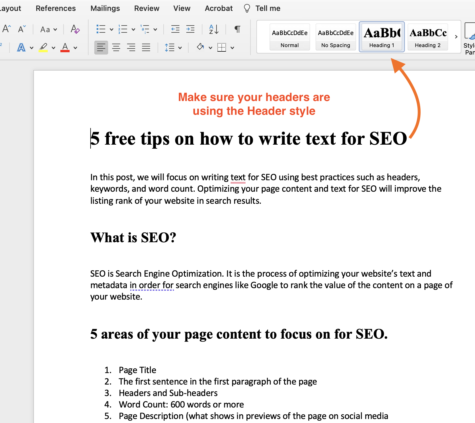 Header styles and SEO text formatting guide illustrating proper header usage.