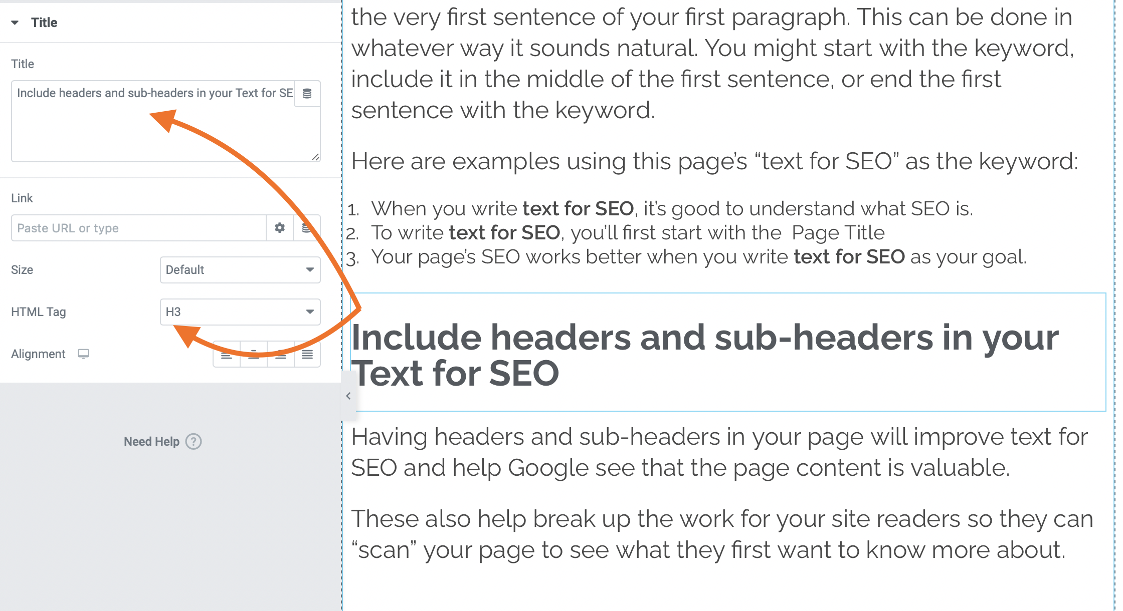 Headers and subheaders example illustrating SEO keyword integration and page structure.