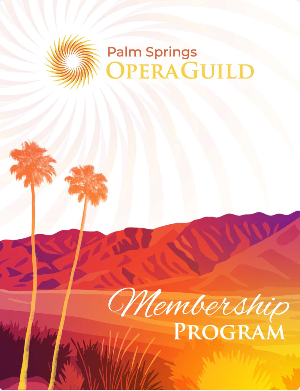 Palm Springs Opera Guild membership program cover, an illustrated desert sunrise with palms and the new sun mark.