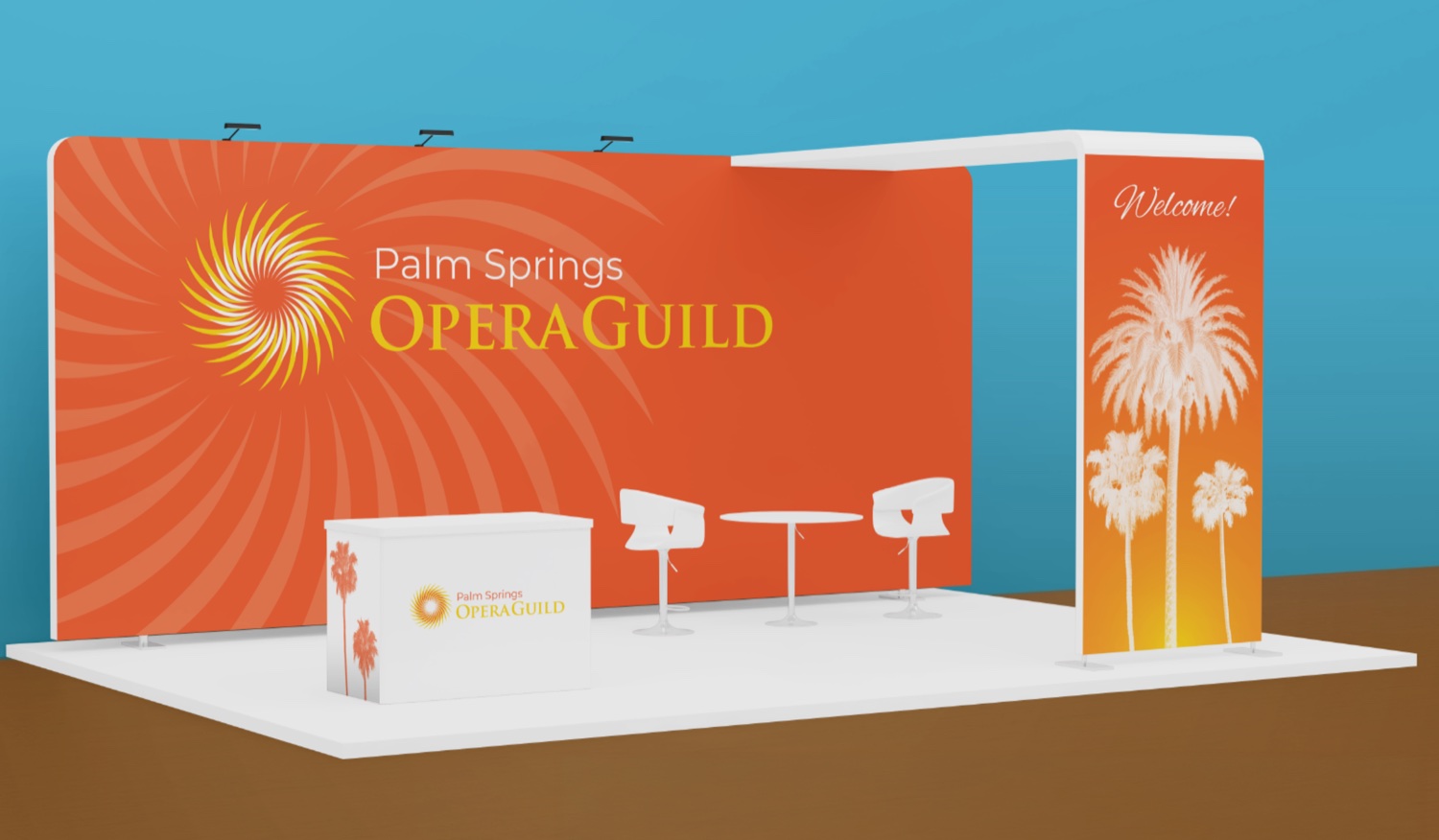 Palm Springs Opera Guild trade booth, the new sun mark on an orange sunburst wall with a Welcome palm banner.