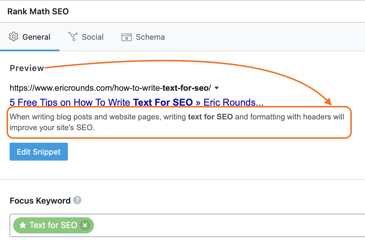Rank Math SEO snippet editor with text for SEO customization options
