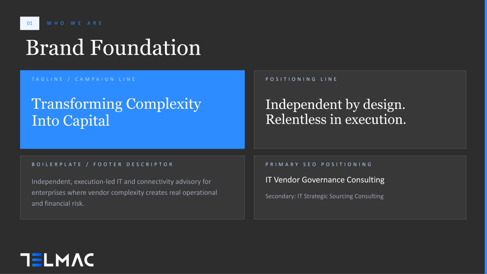 Telmac brand foundation page, showing the tagline, positioning line, boilerplate, and SEO positioning.