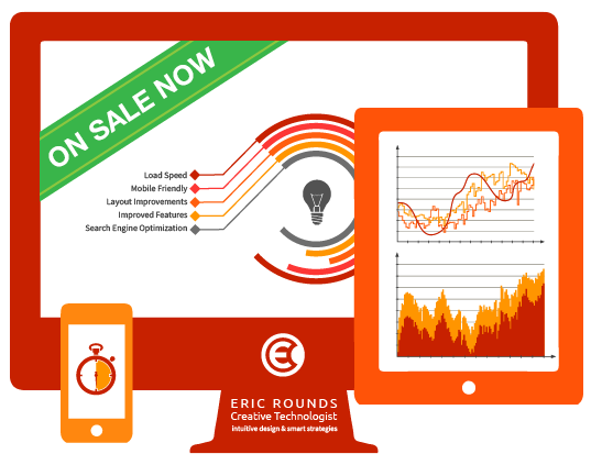 Website audit graphic illustrating load speed, mobile improvements, and search engine optimization strategies.