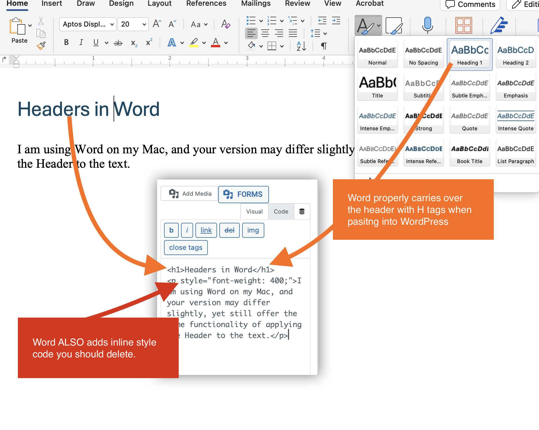 Headers in Word interface demonstrating header styling and code for WordPress optimization.