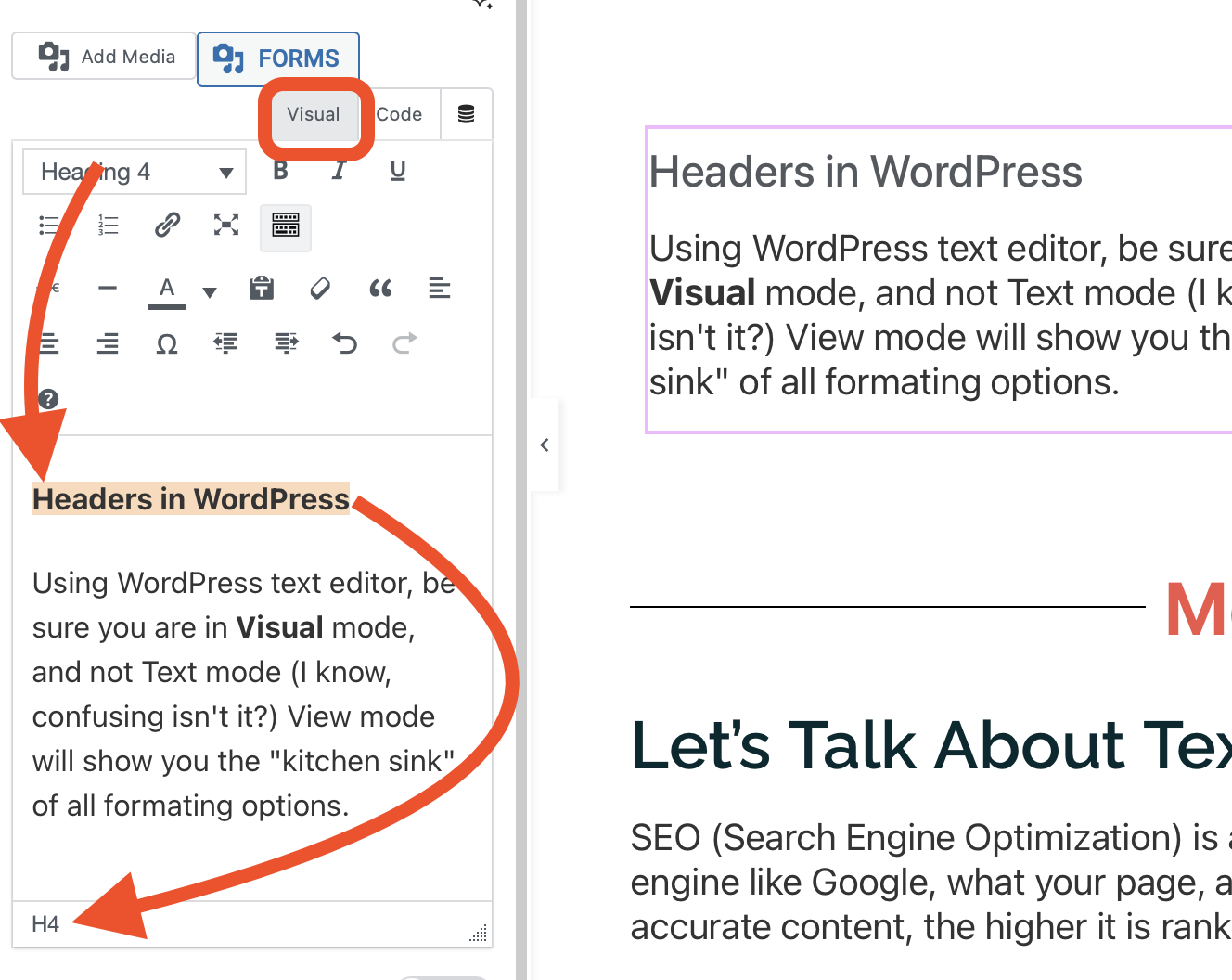 WordPress visual editor with header options and Visual mode selection.