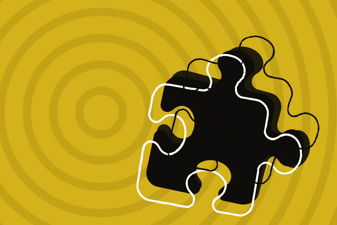 Black puzzle piece silhouette with hand-drawn outlines on gold concentric circles background — Overcoming B2B Marketing Challenges