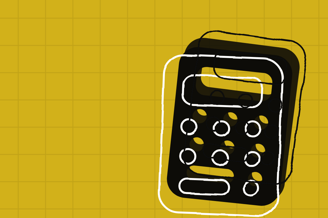 Black calculator silhouette with hand-drawn outlines on gold graph grid background — Custom Marketing Campaign Costs